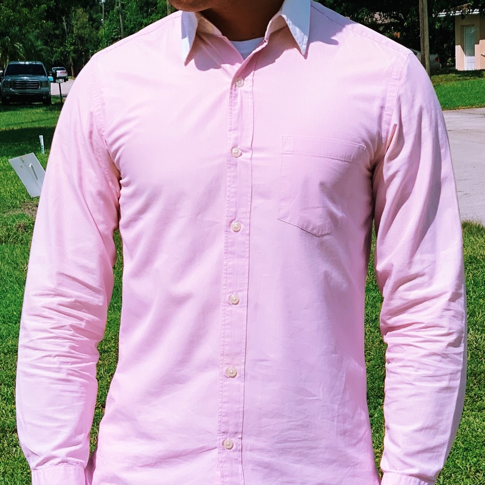 White collared, pink button down shirt